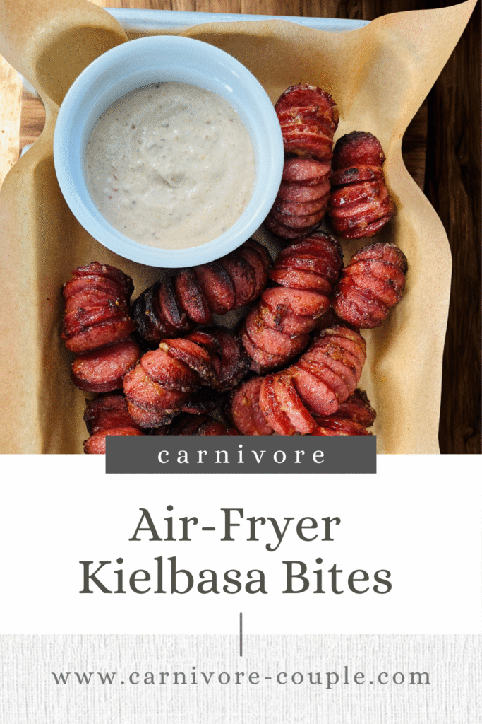 air fryer kielbasa bites sitting on a mini sheet tray