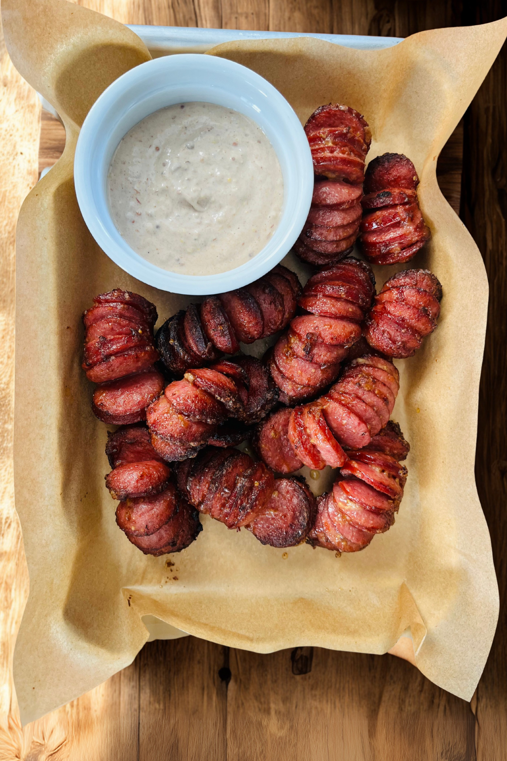 kielbasa bites on a tray
